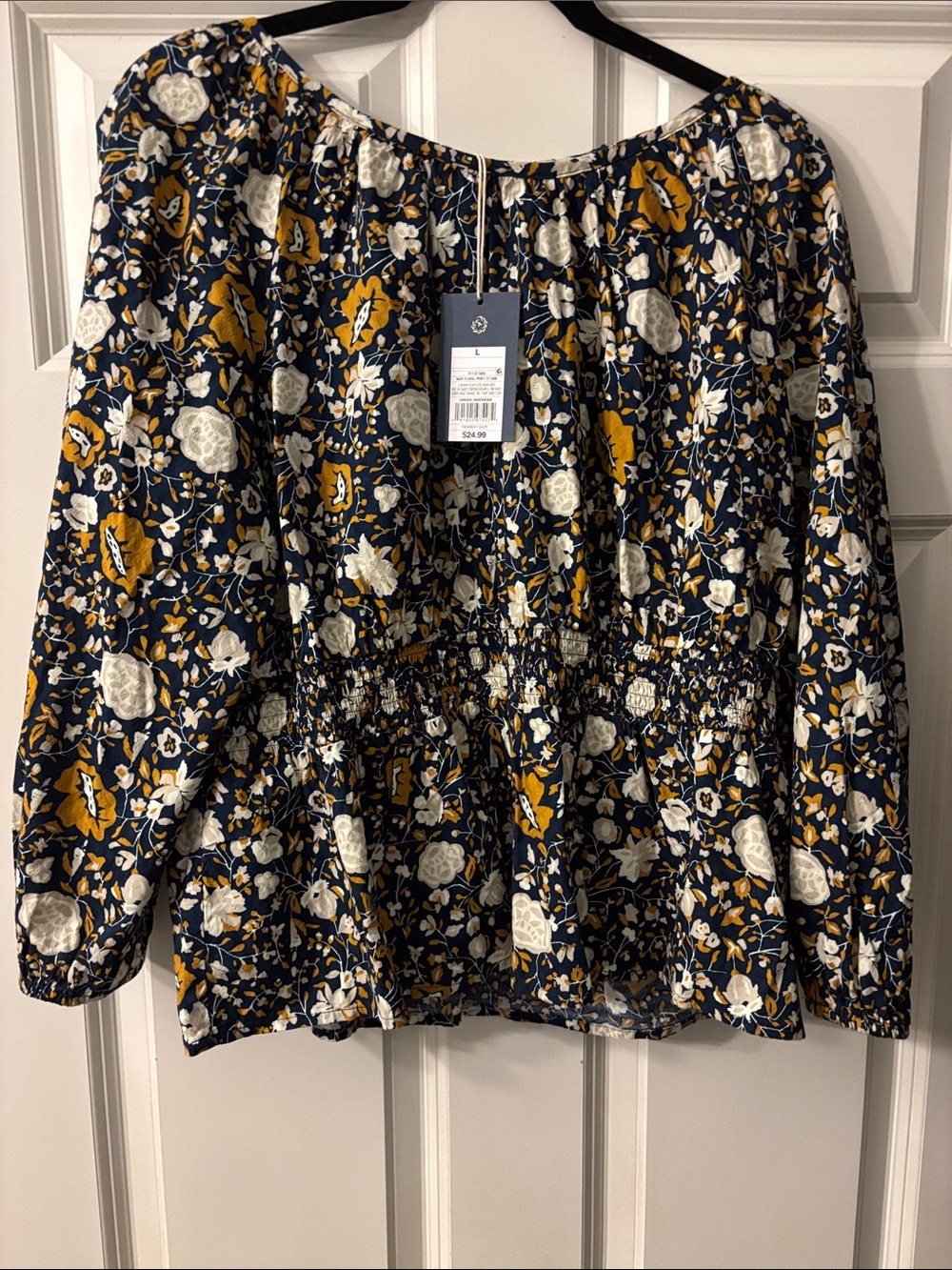 Universal Thread Navy Floral Peasant Top with Mustard and Cream Accents
